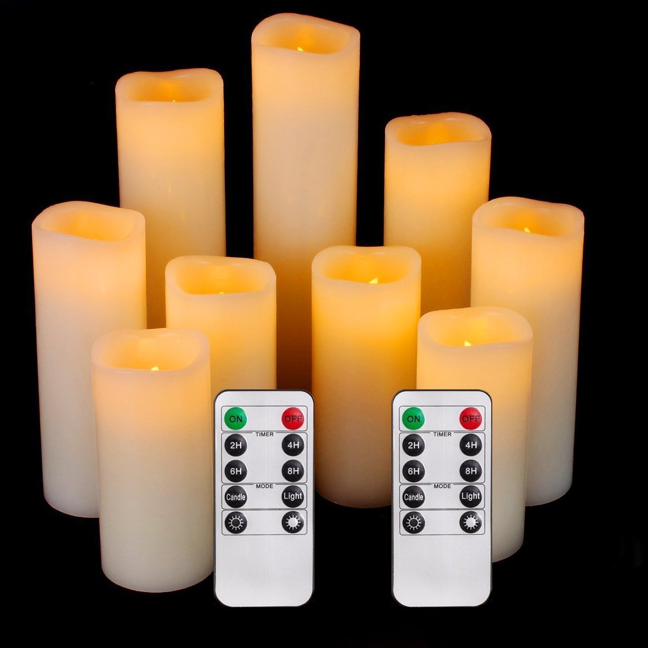 LED Kerzen, Flammenlose Kerzen Set von 9,Batteriebetrieben Kerzen Flackern, D5,5cmxH10/12,5/15/17,5/20/22,8cm, Echtwachs-Stumpenkerzen mit Fernbedienung und 24-Stunden Timerfunktion (Elfenbein)