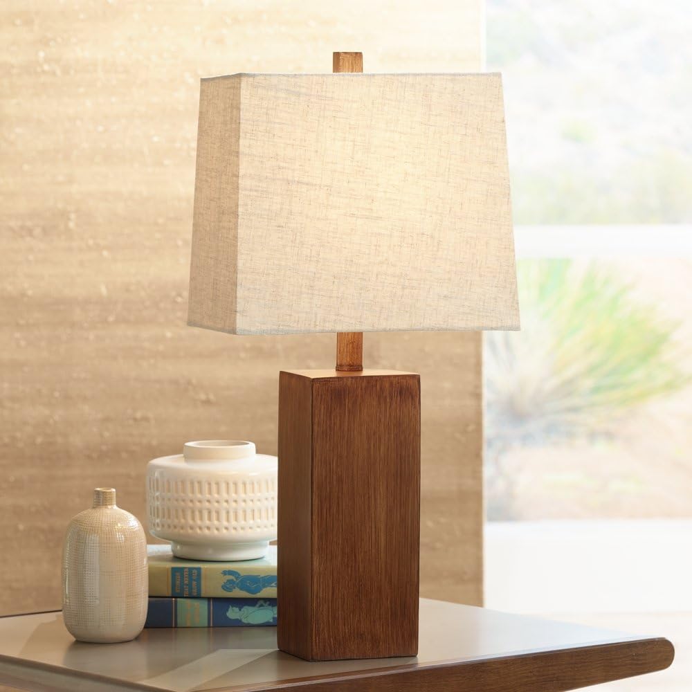 360 Lighting Darryl Modern Accent Table Lamp 23" High Faux Wood Rectangular Block Textured Brown Tan Fabric Shade for Bedroom Living Room House Home Bedside Nightstand Office Entryway Kids