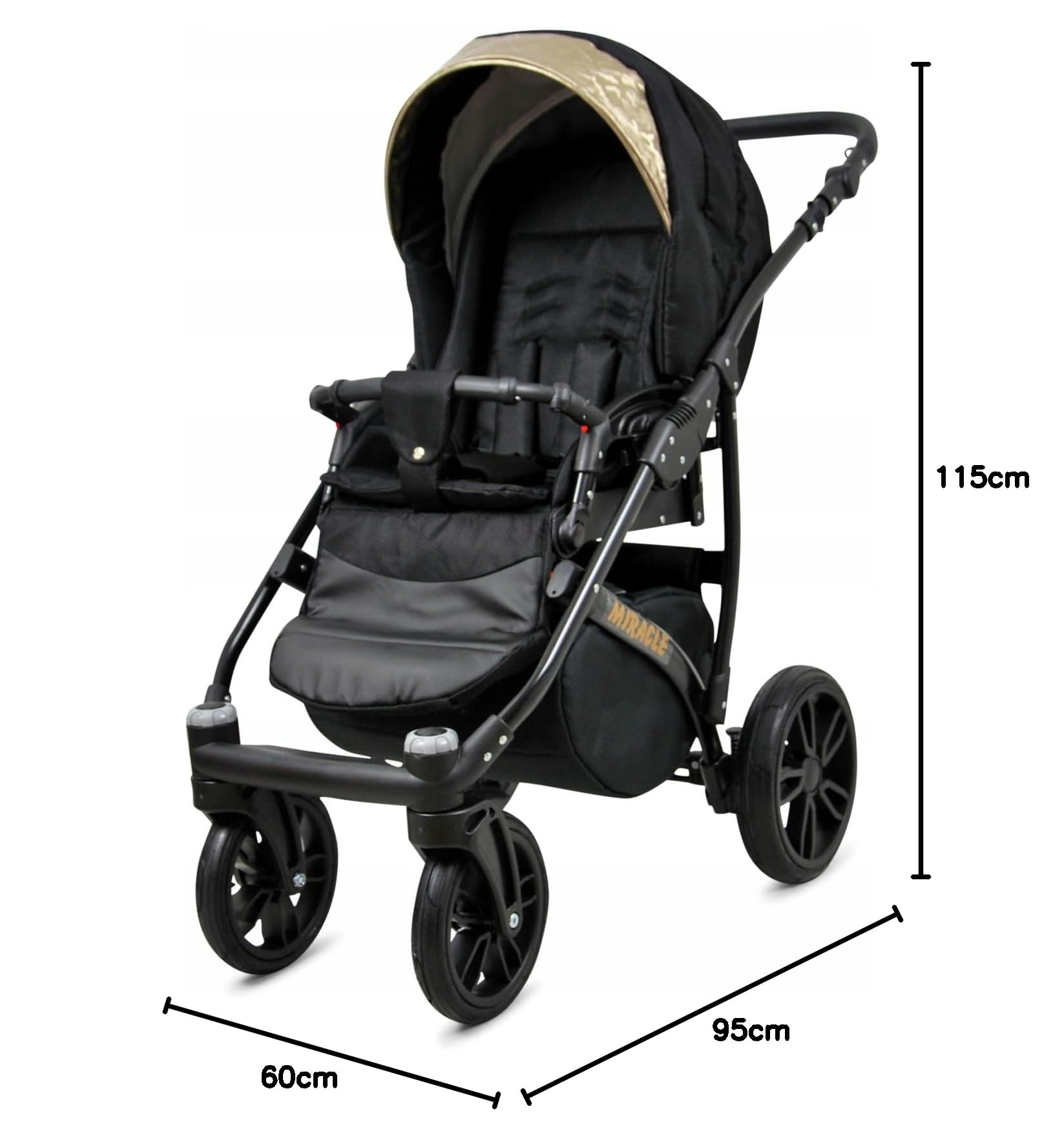 BabyLux Miracle Wózek Dziecięcy 2w1 Głęboki i Spacerowy z Akcesoriami Regulowana i Składana Lekka Aluminiowa Konstrukcja 2 Opcje Montażu Wodoodporny Nieprzebijalne Koła Black Deluxe