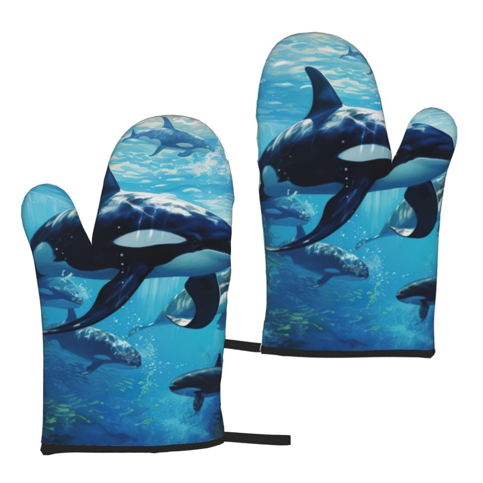 Nimongt Women's Black Killer Whales Swim Along Print Adults Universal Fit Heat Resistant Oven Gloves Reusable Cooking Outdoor Grilling