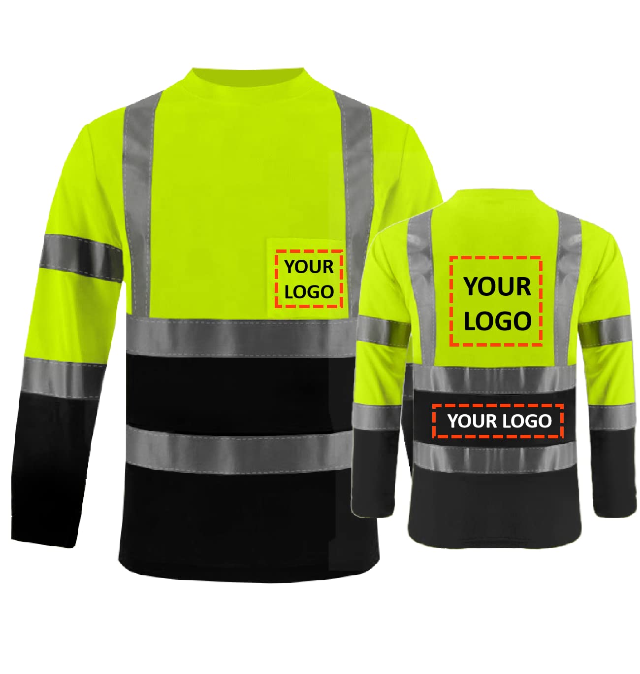 BeautyWill Customize Logo High Visibility Shirts Long Sleeve Class 2 Reflective shirts ANSI with Pocket Safety shirts for Men and Women Black Bottom