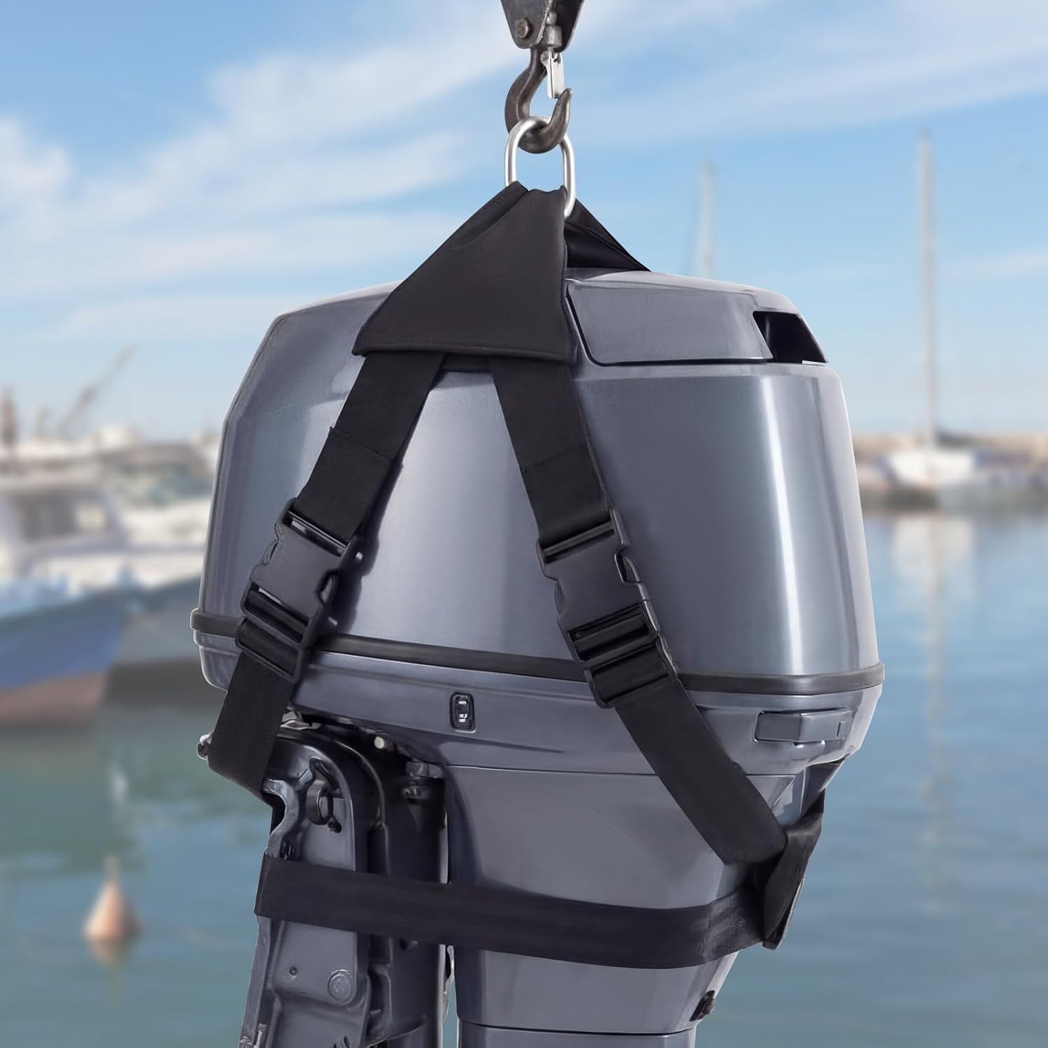 Outboard Motor Hoist Harness Set, 2-30 Hp Engine Lift Straps, Heavy Duty Polyester Webbing, Universal Motor Tote with Storage Buckles for Secure Lifting and Transport