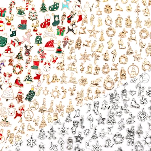 SANNIX 350Pcs Christmas Charms Xmas Enamel Charms Mixed Bulk Antique Gold Tibetan Silver Jewelry Pendants for Bracelet Necklaces Earrings Making and Holiday Decorations