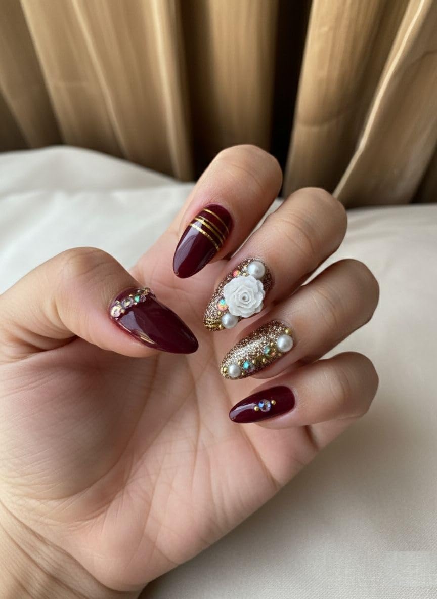 AVSAR Handmade Luxury Bridal Press-On Nails Set for Women | Burgundy with White Rose & Pearl Decorations | Glitter Finish with Gold Accents | 20-Piece Premium Stick-On Artificial Nails for Wedding & Special Occasions-image-37