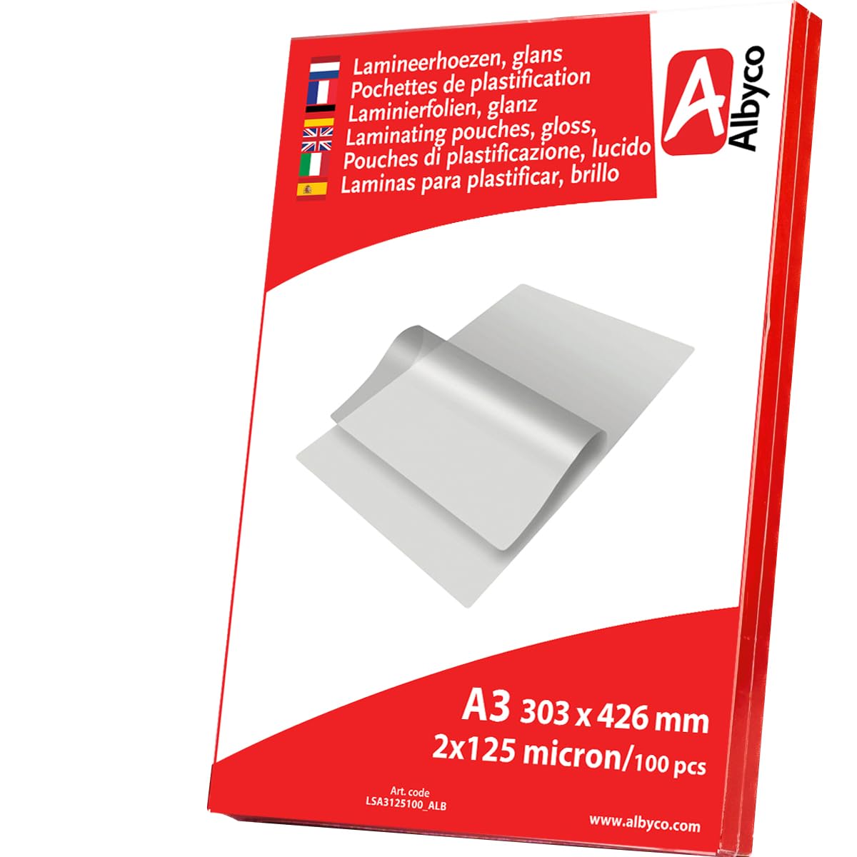 Albyco Laminierfolien, Laminiertaschen - Format A3, 303x426 mm - Dicke 2x125 (250) Mikron - Glänzend - 100 Stück - Transparent
