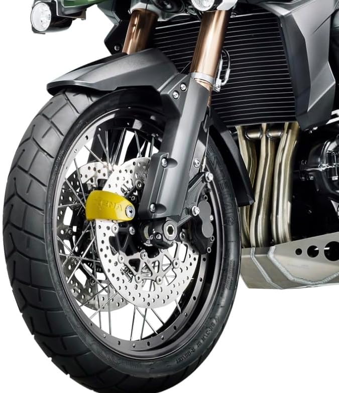XENA XX6 Disc Lock Alarm installed on a motorcycle brake disc