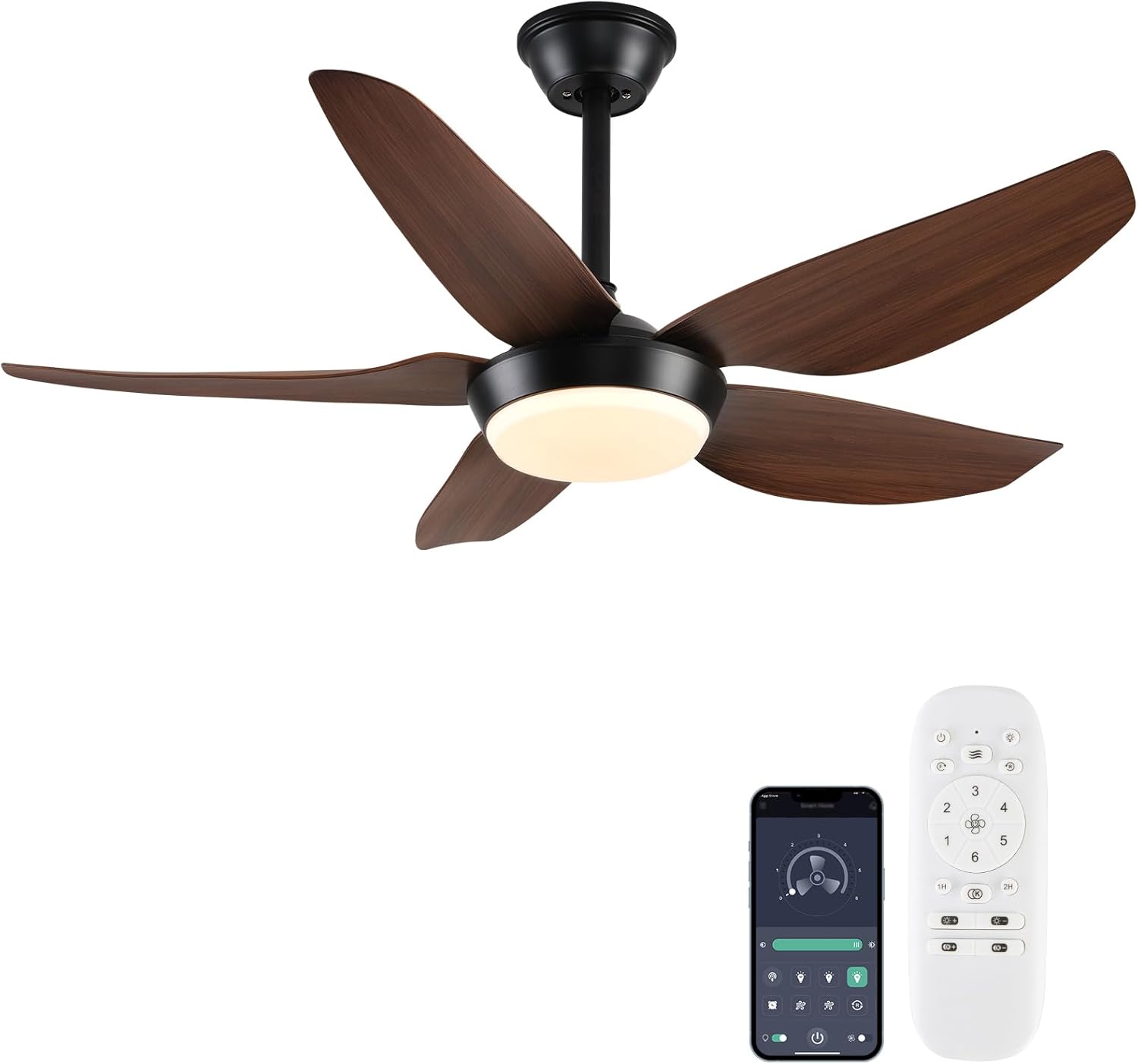 Modern Ceiling Fan with Lights, 43 Inch, 3 Color Dimmable, Low Profile, Reversible, DC Motor, 6 Speed, Remote/APP Control, Indoor/Outdoor, Brown, 5 Blades Modern Ceiling Fan with Lights, 43 Inch, 3 Color Dimmable, Low Profile, Reversible, DC Motor, 6 Speed, Remote/APP Control, Indoor/Outdoor, Brown, 5 Blades