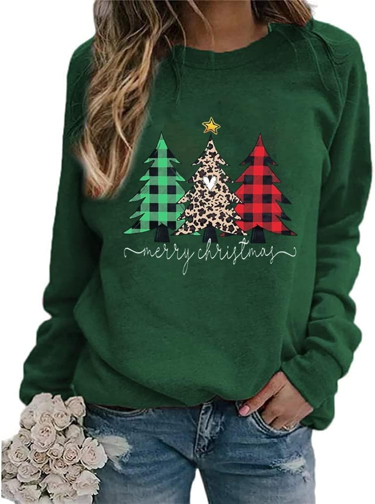 Yimoya Leopard Merry Christmas Tree Sweatshirt Womens Plaid Holiday Merry Blouse Xmas Tops