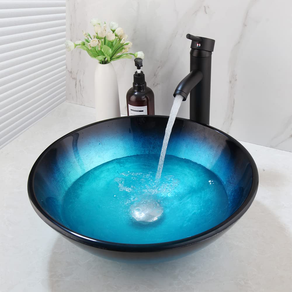 Blue Bathroom Glass Vessel Sinks Round Countertop Basin Bowl Combo With Black Mixer Faucet and Pop-up Drain Set
