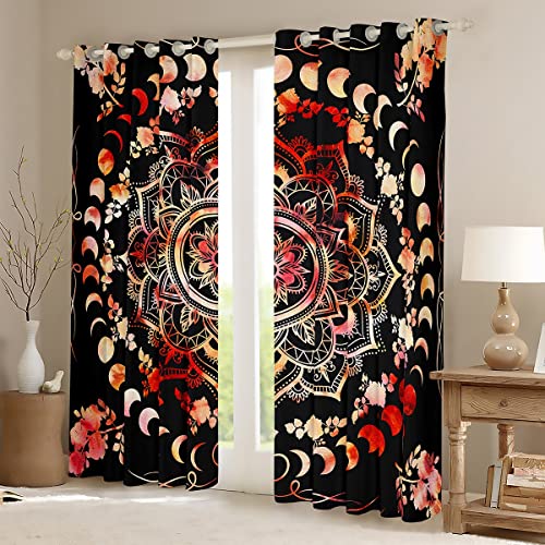 Erosebridal Moon Phase Blackout Curtains 52X63,Sun And Moon Curtains For Kids Boys Girls,Colorful Mandala Curtains & Drapes,Watercolor Tie Dyed Flower Leaf Window Treatments 2 Panels #TOP1