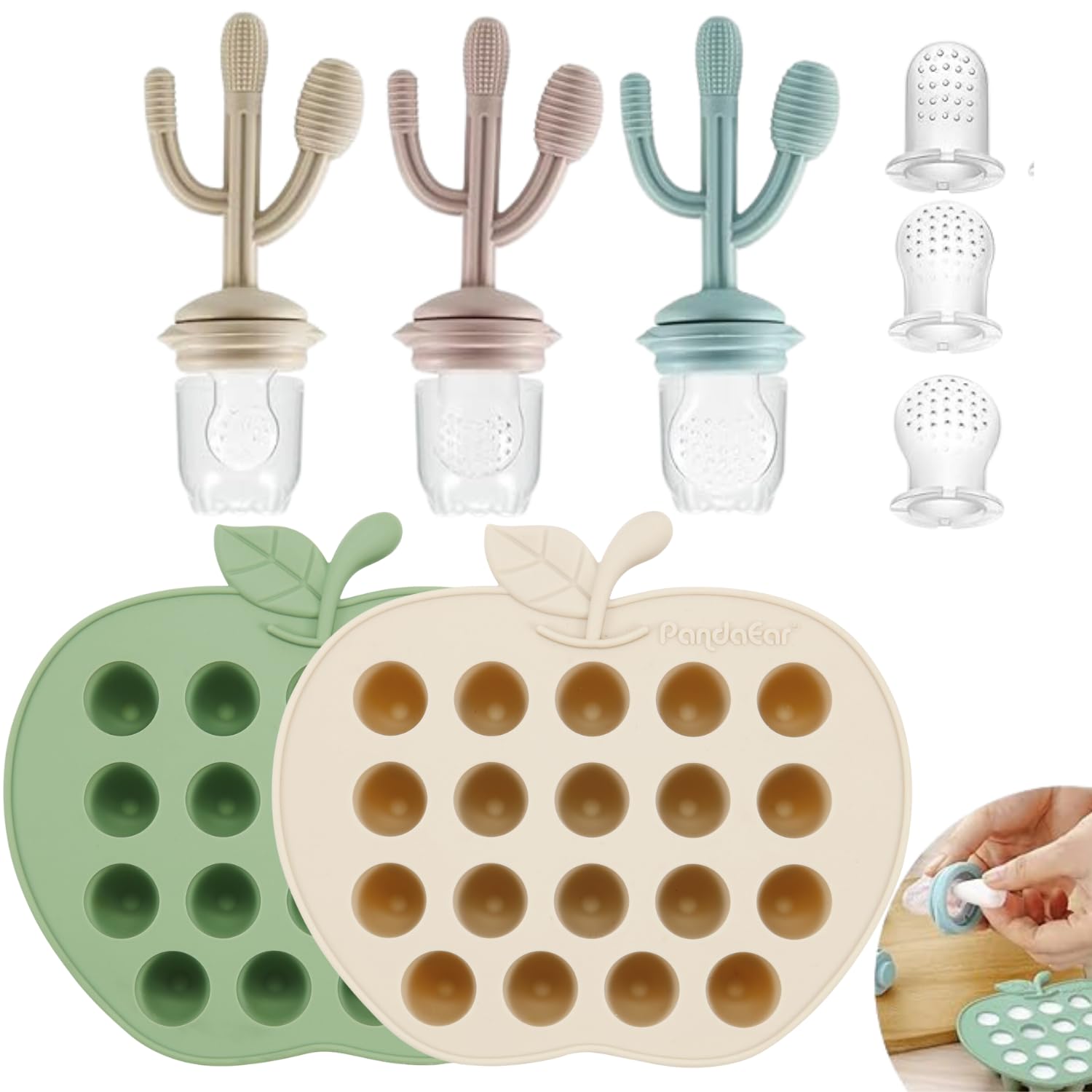 PandaEar 2 Pack Baby Breastmilk Popsicle Molds & 3 Pack Baby Fruit Food Feeder Pacifier, Baby Fruit Food Feeder Teether Tray Ice Cube Maker, Silicone Feeder Cactus Shape Teething Toy 3 Sizes Pouches