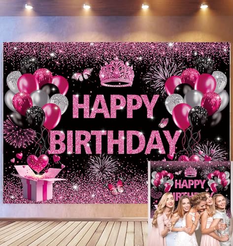 Pink Happy Birthday Backdrop For Women Photography Backdrop Pink And Black Balloon Glitter Birthday Banner Women Party Sweet Girls Party Decorations Photo Booth Props (7x5ft)