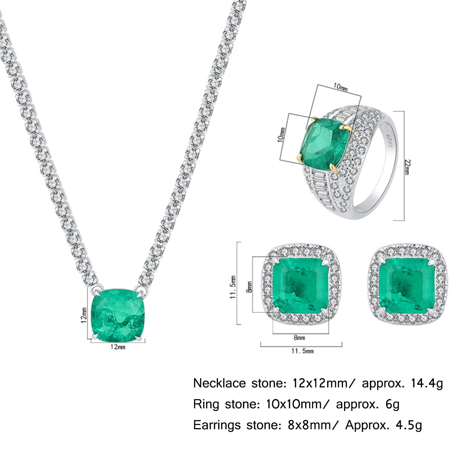 Juego de collar con colgante de diamante verde artificial de plata de ley 925 para mujer, conjunto de joyas cuadradas con diamantes de imitación verdes para bodas, banquetes
