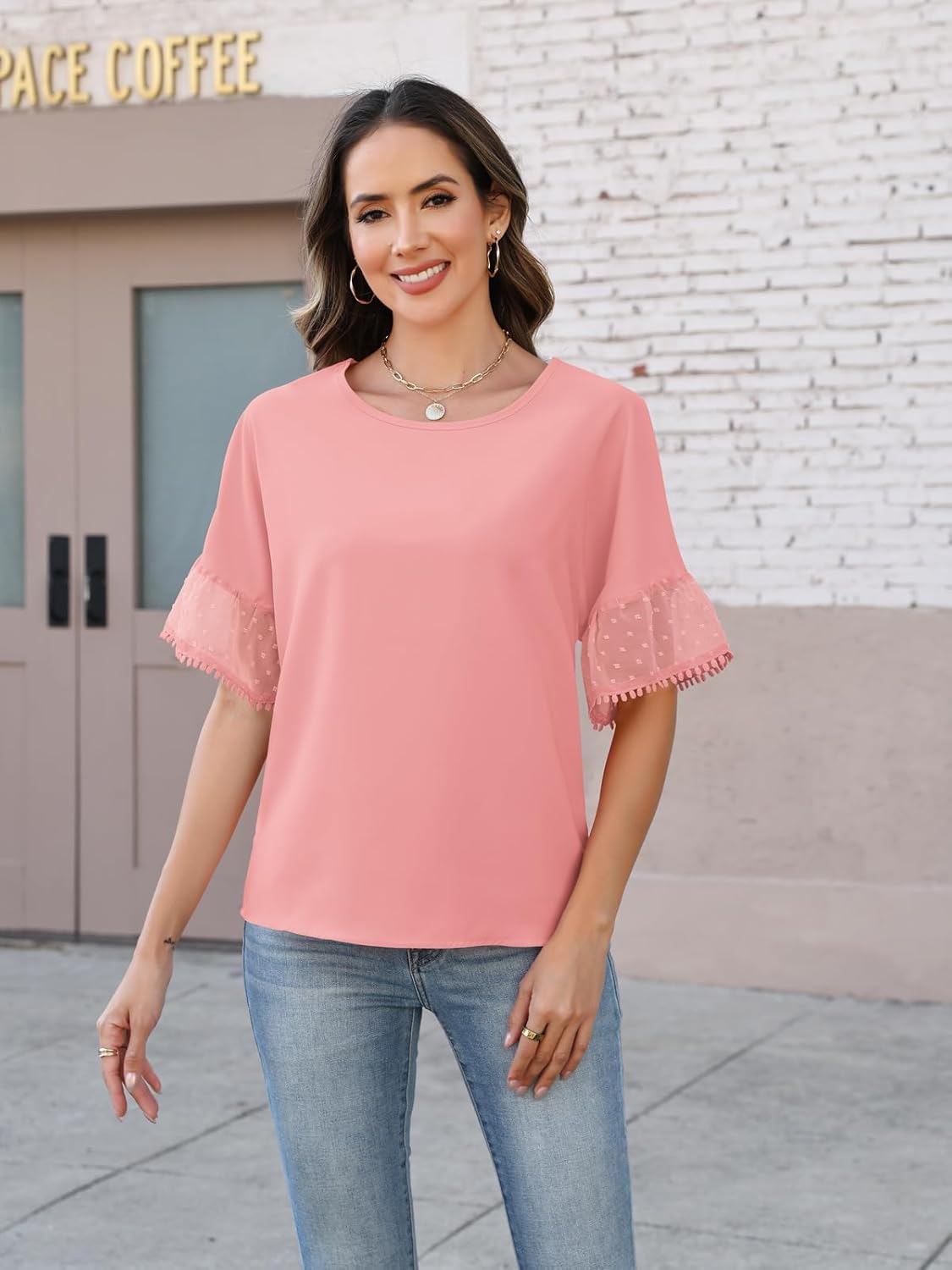 Womens Summer Tops Casual Crew Neck T Shirts Swiss Dot Bell Sleeve Tops Loose Fit Chiffon Blouses Vacation Outfits - Image 3