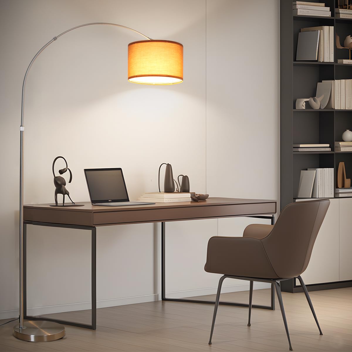 ANTENLICHT LUNA Bogenlampe Wohnzimmer Stehlampe Vintage, Inklusive LED E27 | Standleuchte mit Braunem Stoffschirm I Fußschalter I Bogenleuchte Geeignet Nickel für Schlafzimmer, Hotel