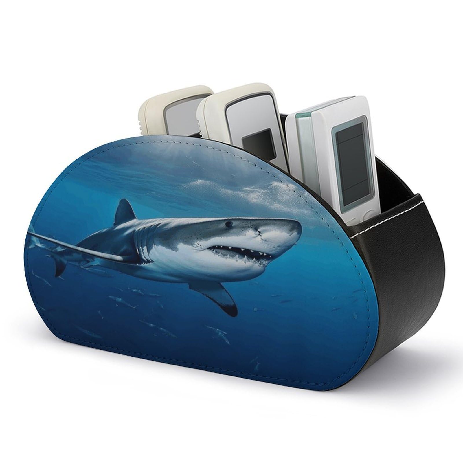 VstaDank Ocean Sea Animal Shark Remote Control Holder with 5 Compartments Pu Leather TV Remote Caddy Storage Box Desktop Organizer Store Controller DVD Brush Pens Glasses&Office Supplies