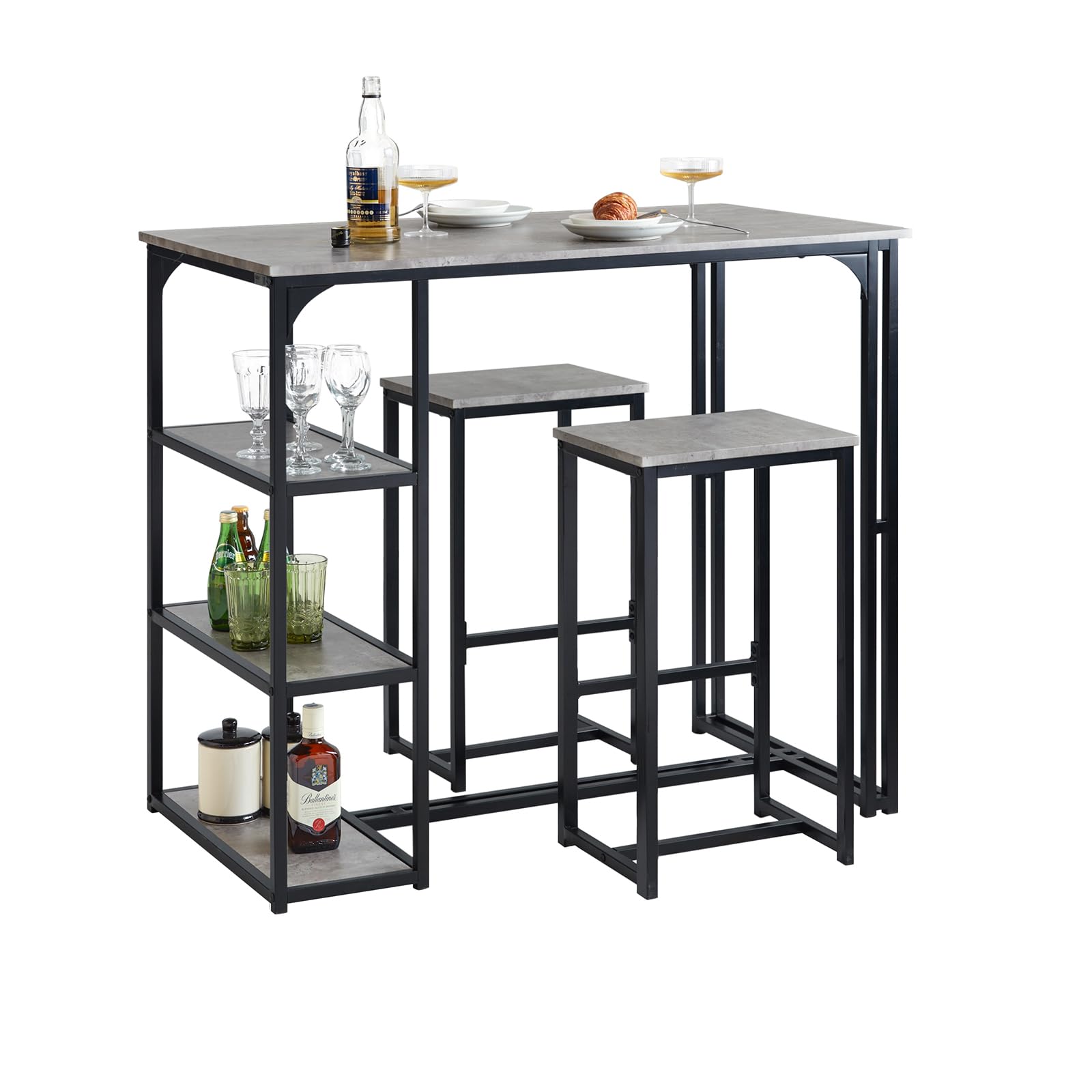 SoBuy Ensemble de Meubles de Balcon Lot de 3 Tables + 2 tabourets, Table Haute 3 étagères Gris OGT43-HG