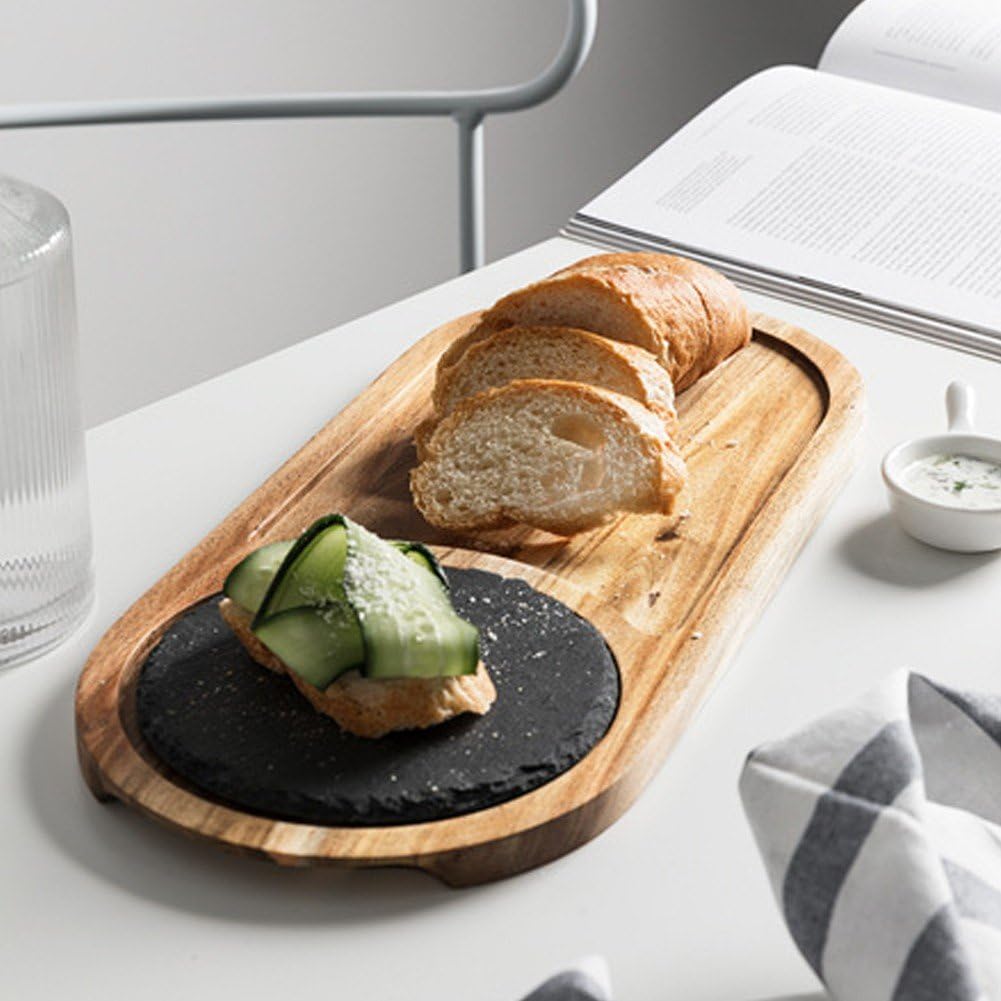 Sanfly Tabla De Servir De Madera con Pizarra, Plato De Pizza De Madera De Pino, Bandeja De Madera Multiusos para Servir Queso, Plato De Pizarra para Carne Y Pan.