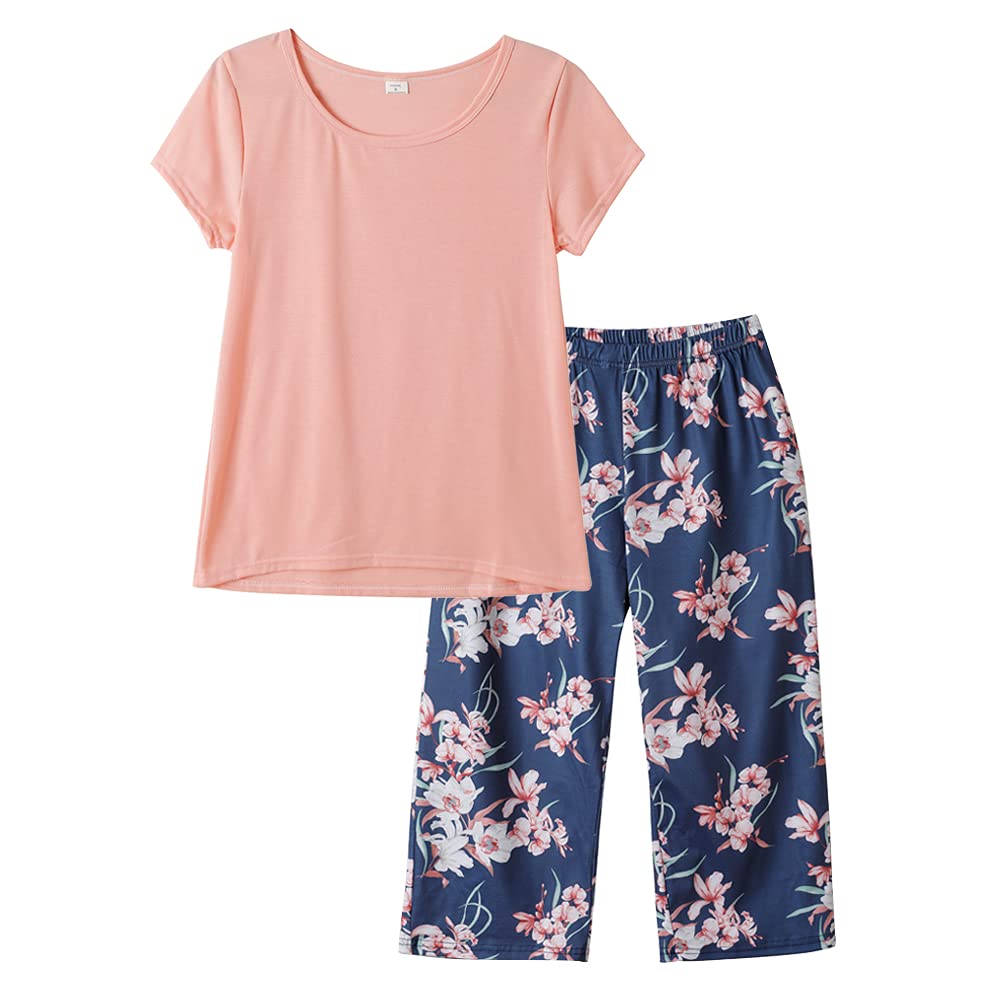 YIJIU Women's Short Sleeve Tops and Capri Pants Cute Cartoon Print Pajama Sets Medium Pink Floral