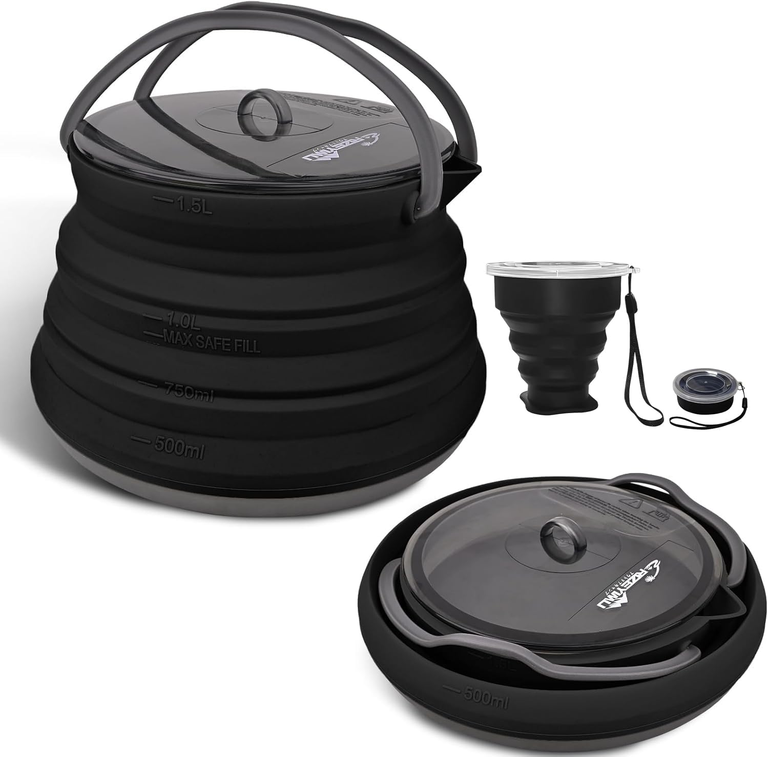Camping Kettle, 4.9 gal (1.5 L), Folding Kettle, Outdoor Cookware, Silicone Camping Pot, Coffee Pot, Multifunctional Water Kettle, Direct Fire Compatible, Fast Heat Transfer, Convenient to Carry
