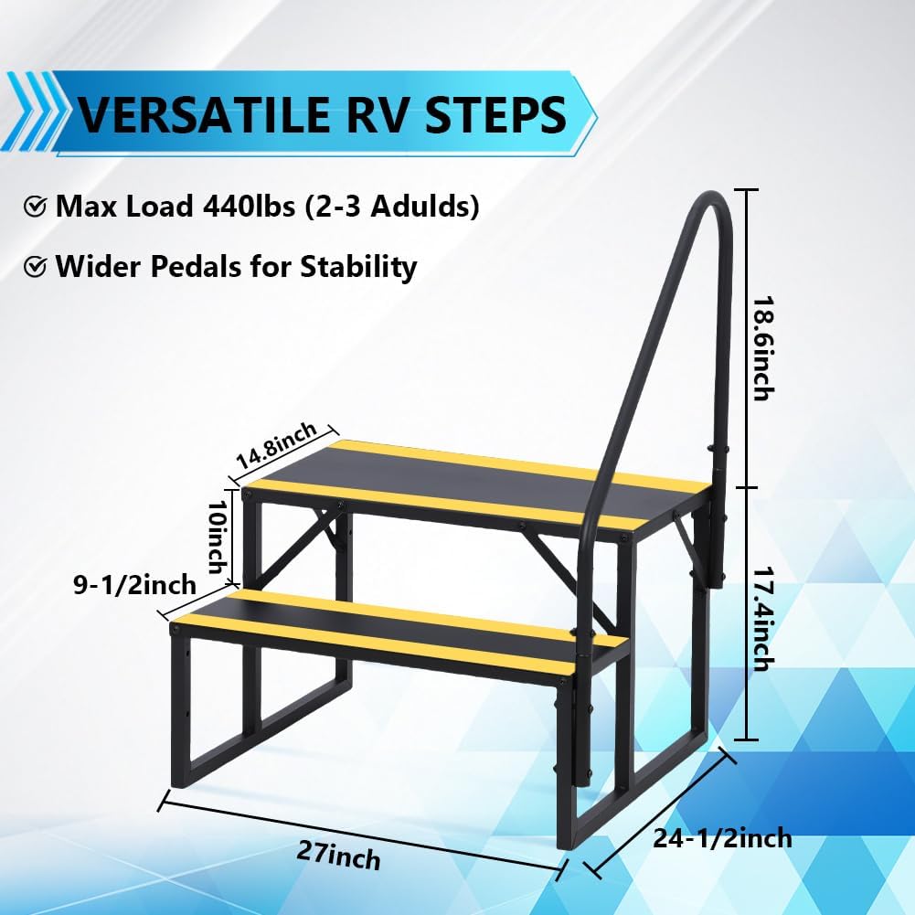 Escalier extérieurérieur Robuste pour Camping-Car – 2 marches antidérapantes avec Main Courante surélevée – Acier Pliant Portable, idéal Caravane, Spa, Piscine – Sécurité renforcée, Noir et