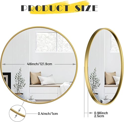 Miniatura 8 de Espejo circular redondo de pared de 18 pulgadas, espejo colgante grande con marco de metal dorado para decoración de baño, tocador, dormitorio, sala