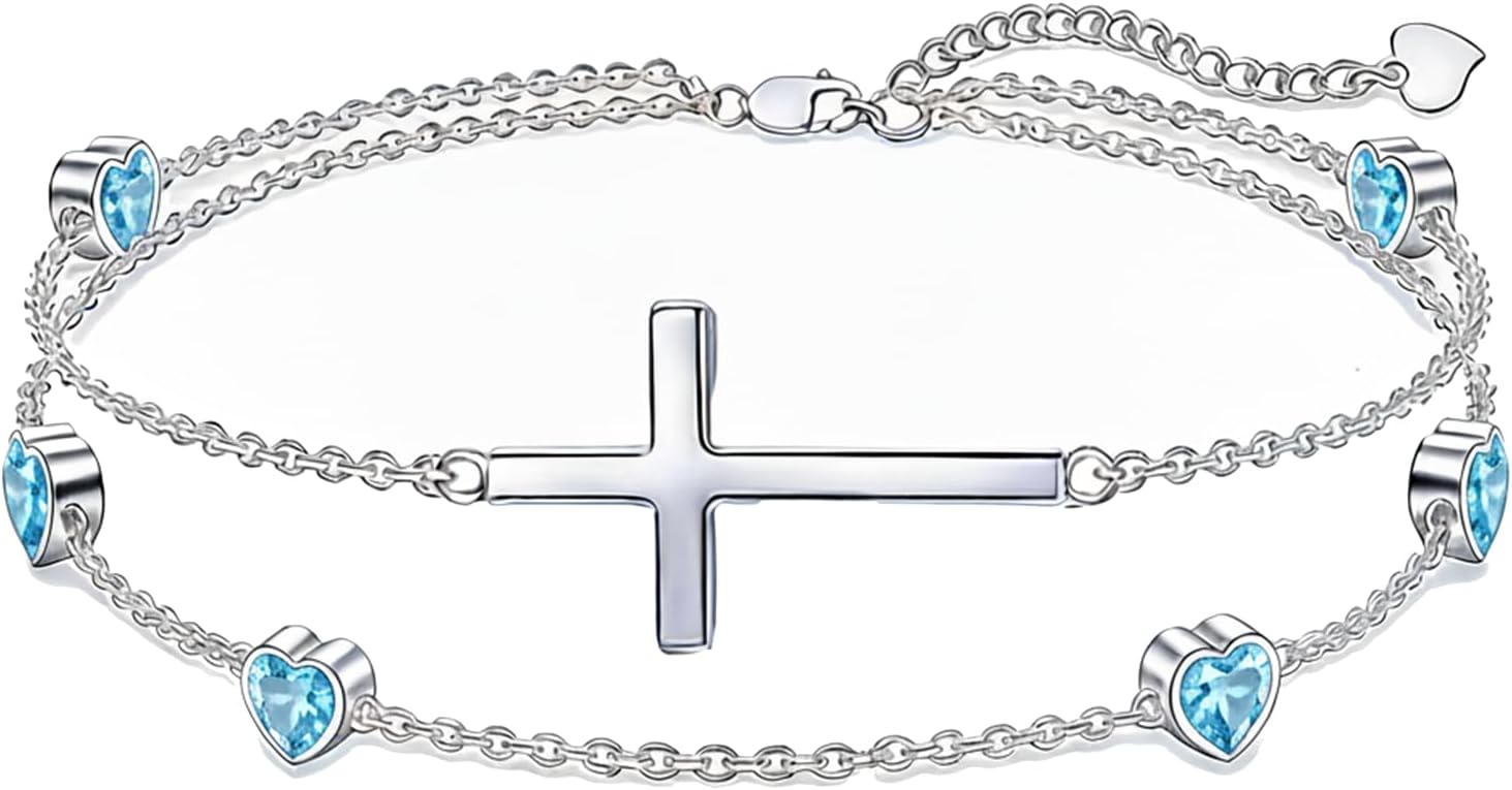 Prismata Cross Birthstone Bracelet 925 Sterling Silver Adjustable 12 Months Birthstone Cross Bracelet Religious Jewelry Gifts for Women Her,with 7"+2" chain