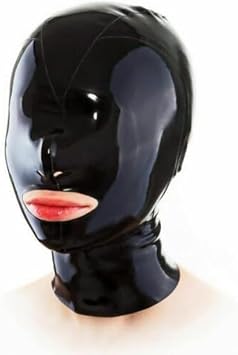 Black Latex Hood Cover Eyes Back Zipper Rubber Mask Catsuit Club Wear Costume,Red,Large