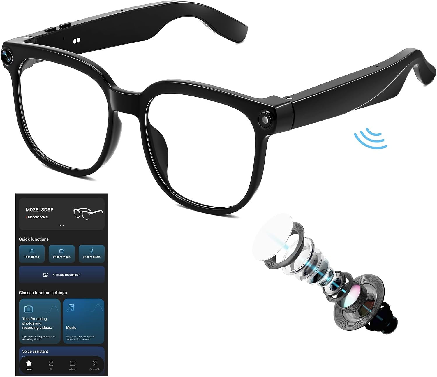 FEISEDY AI Smart Glasses with Camera, Real-Time Translation&Recording, AI Assistant, Open-Ear Bluetooth Audio, Photo Capture, Smart Eyewear for Travel Business & Daily Use B1736 (Transparent Lens)