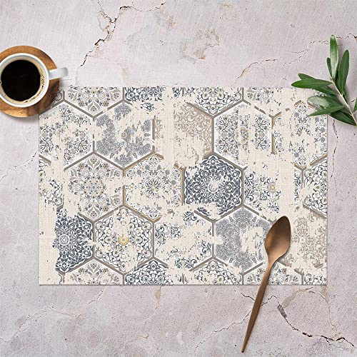 Yibeas Patchwork Tiles Placemats For Kitchen Dining Table Set Of 4 Hexagon Pattern Azulejos Tiles Patchwork Vintage Texture Table Mats Linen Washable Heat Resistant Place Mats 12 X 18 Inch #TOP1