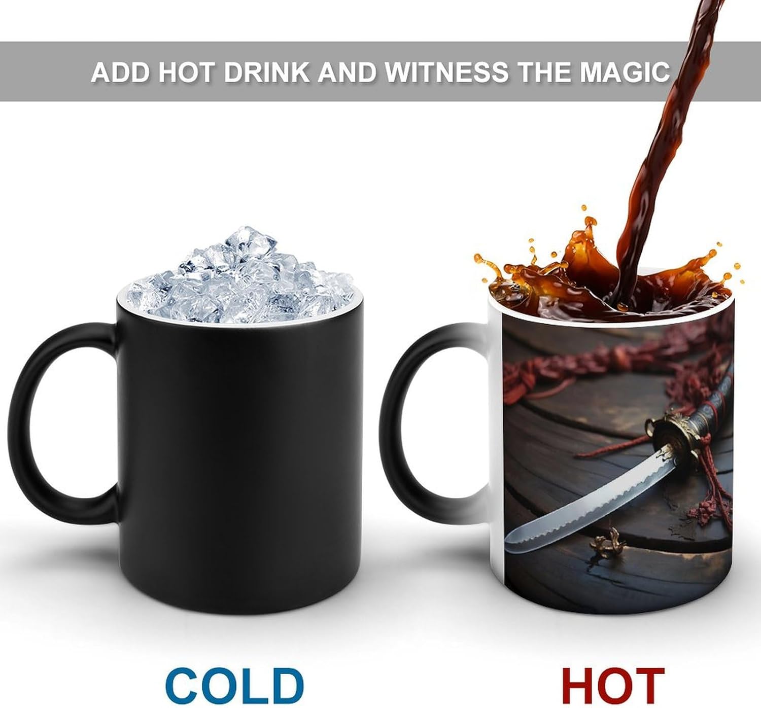 Color Changing Mug Japan Samurai Sword Printed Ceramic Coffee Mug Heat Changing Sensitive Mug Magic Heat Changing Coffee Mug Novelty Coffee Mugs