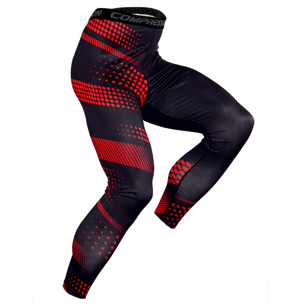 OEBLD Compression Pants Men UV Blocking Running Tights 1 or 2 Pack Gym Yoga Leggings for Athletic Workout, Red Dot Pants, Large