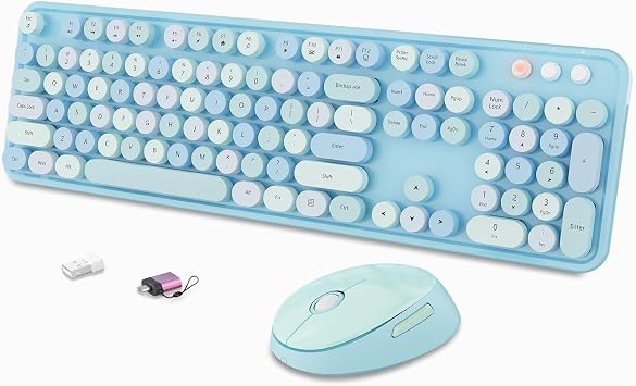 Wireless Keyboard and Mouse Combo, Ergonomic Full Size Typewriter Retro Round Keycaps Keyboard, Compatible with Windows, PC, Perfer for Home and Office Keyboards Blue