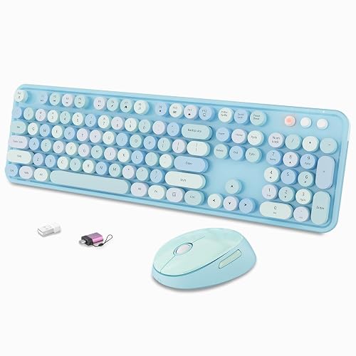 Wireless Keyboard and Mouse Combo, Ergonomic Full Size Typewriter Retro Round Keycaps Keyboard, Compatible with Windows, PC, Perfer for Home and Office Keyboards (Blue - Blue
