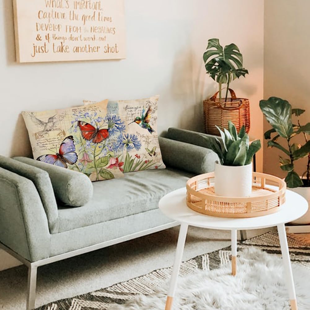 4 Pieces Cushion Covers Spring Flowers 40 x 40 cm, Watercolor Flowers Cushion Covers, Linen Cushion Cover, Butterflies and Birds, for Sofa Home Decoration (B)