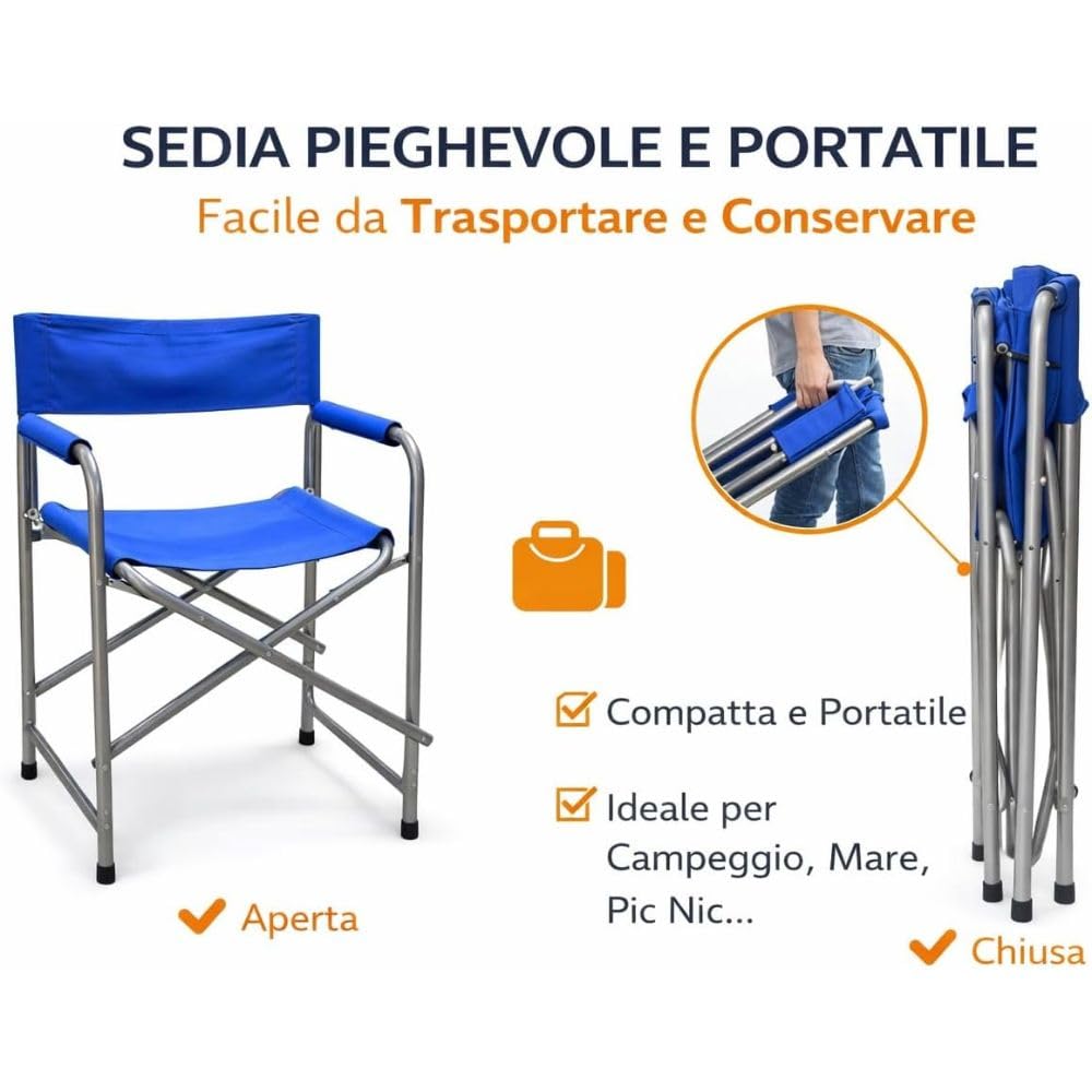 Set 2 Sedie Regista Pieghevoli 57x46x80 cm – Sedie da Campeggio con Struttura in Ferro e Tessuto Oxford Resistente – Sedie Outdoor Compatte e Maneggevoli per Giardino, Spiaggia, Terrazzo