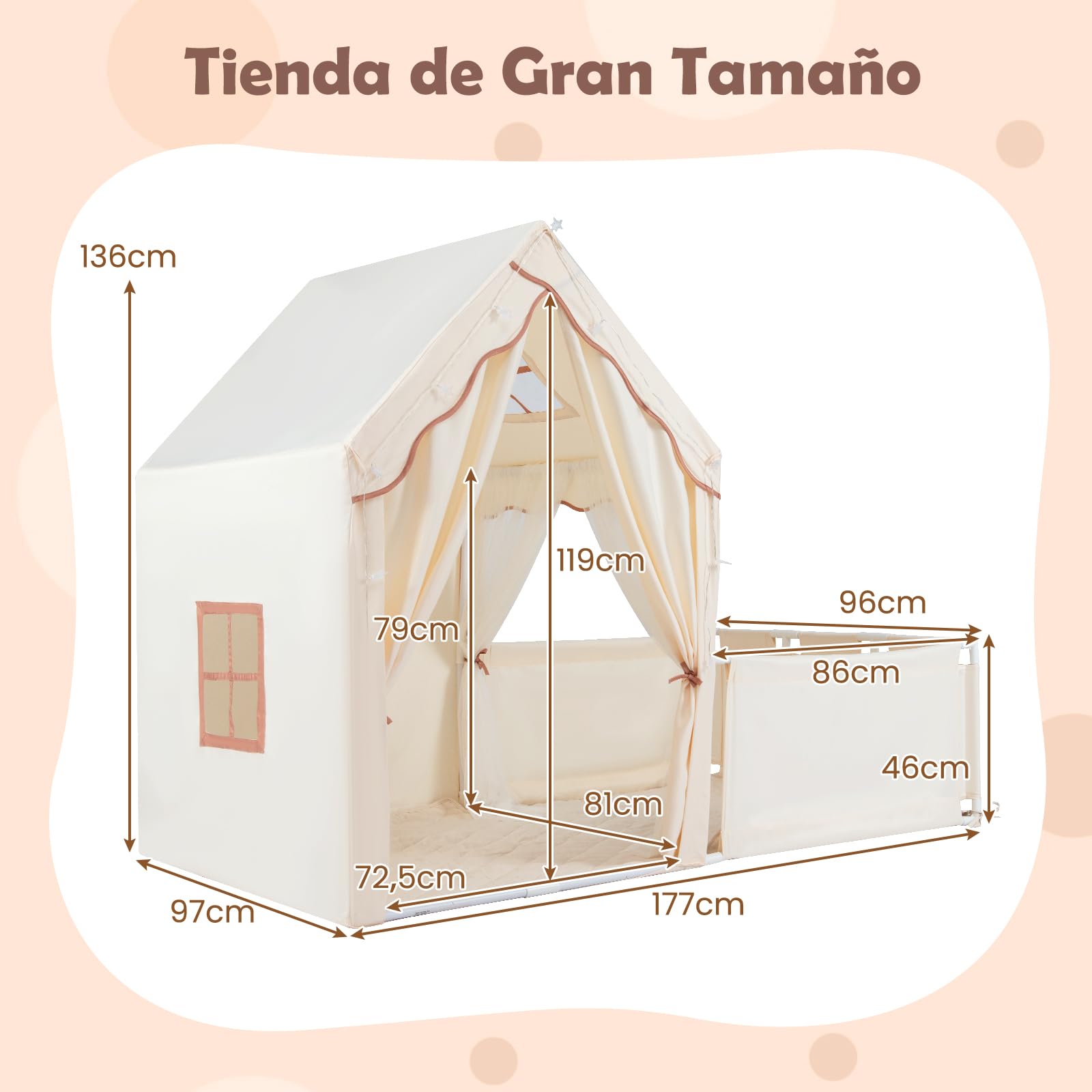 GOPLUS Tienda de Campaña Infantil con Parque, tipi Infantil Interior 2 en 1 con Patio, Luces Estrelladas, Alfombra de Algodón Lavable, Cortinas, Ventanas, Tienda de Juegos para Niños de 3+ Años (Café)