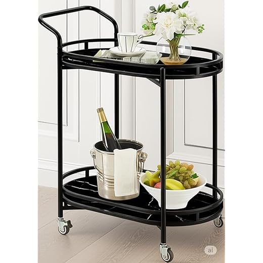 AALIYA MART Iron Frame Kitchen Trolley 2-Tier Marble Black