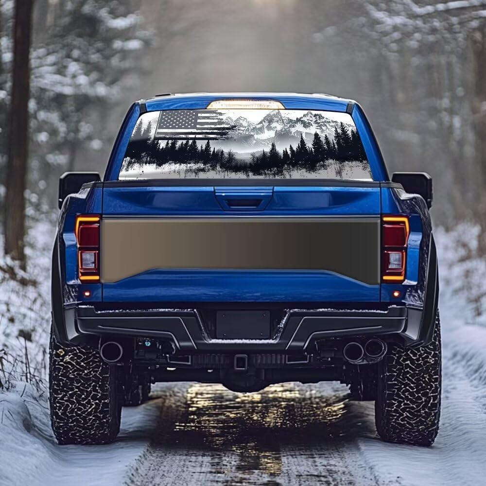 Rear Window Decals for Trucks Flag Mountain Pattern Printing Back Glass Stickers for Trucks Fit Most Pickup Trucks,Car Decal Vinyl Truck Rear Windshield Decal 66in x 20in