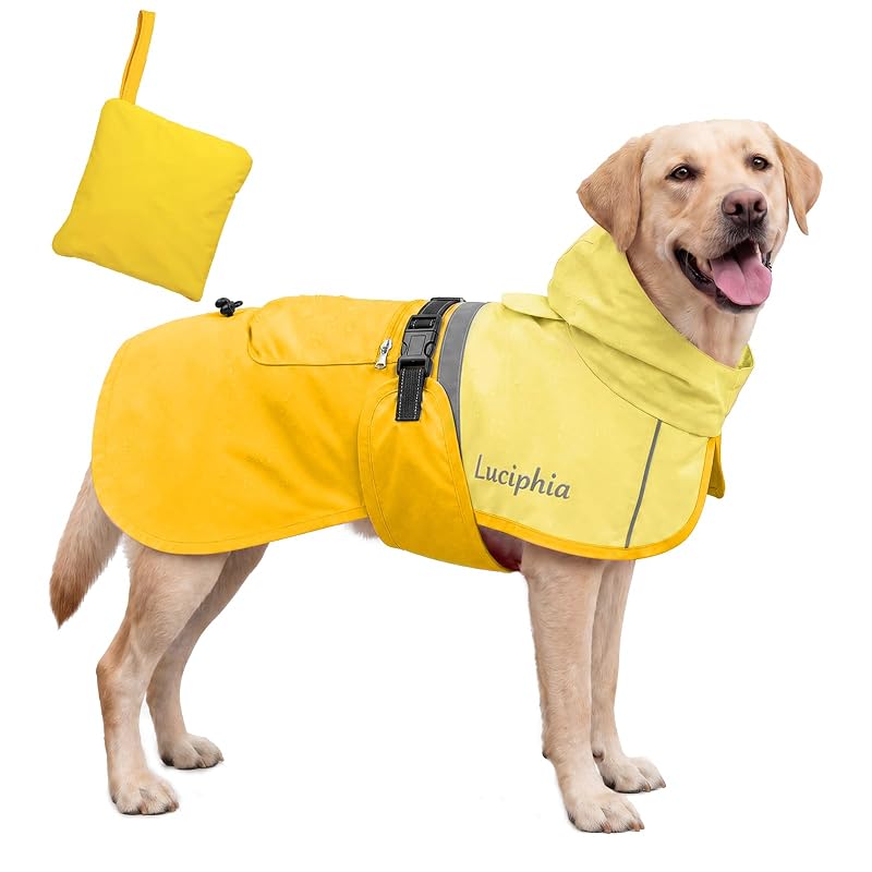 Capa de chuva para cães Luciphia com capuz, ajuste regulável e detalhes refletivos, Amarela, X-Large