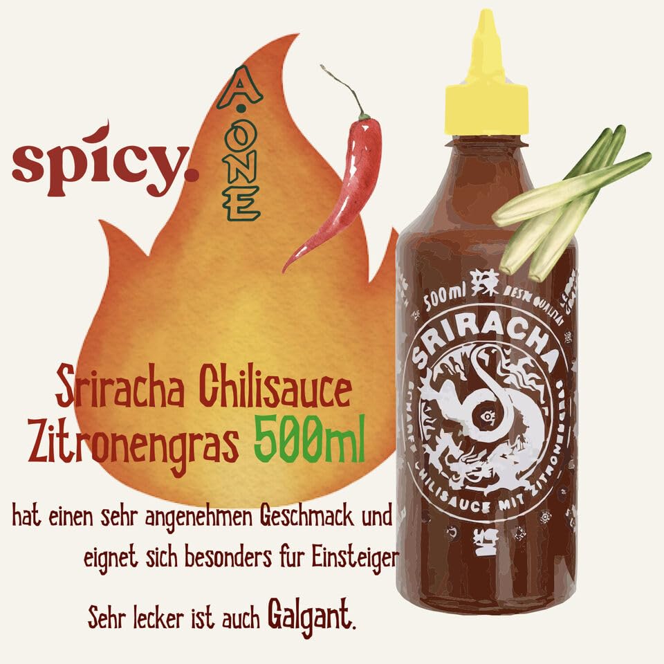 A-One Salsa original Sriracha con hierba de limón, 12 x 500 ml, salsa caliente con chiles y hierba de limón, paquete de 12 unidades, perfecto para gastro