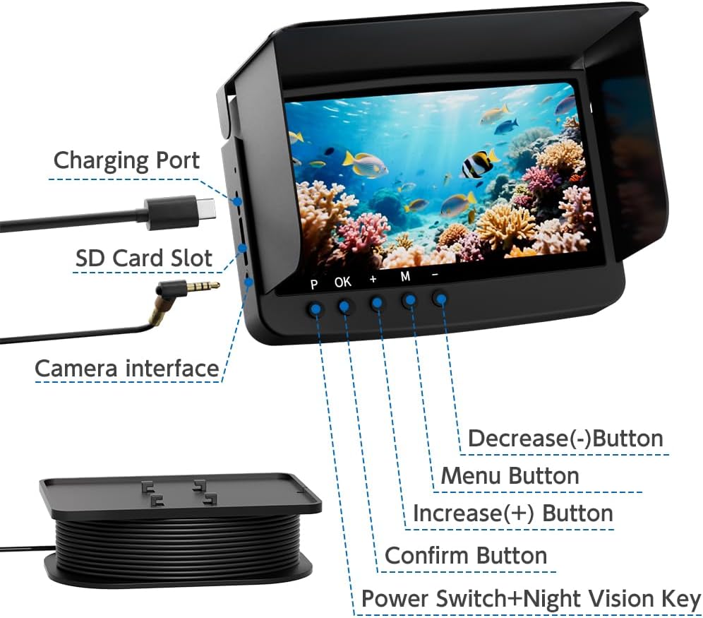 Underwater Fishing Camera Infrared Night Fishing Camera 5-inch HD Screen Equipped with 66-Foot About 20 Meters Cable 10000mah 10 Hours Battery Life for Ice Lake Sea Boat Kayak Fishing Fish Finder
