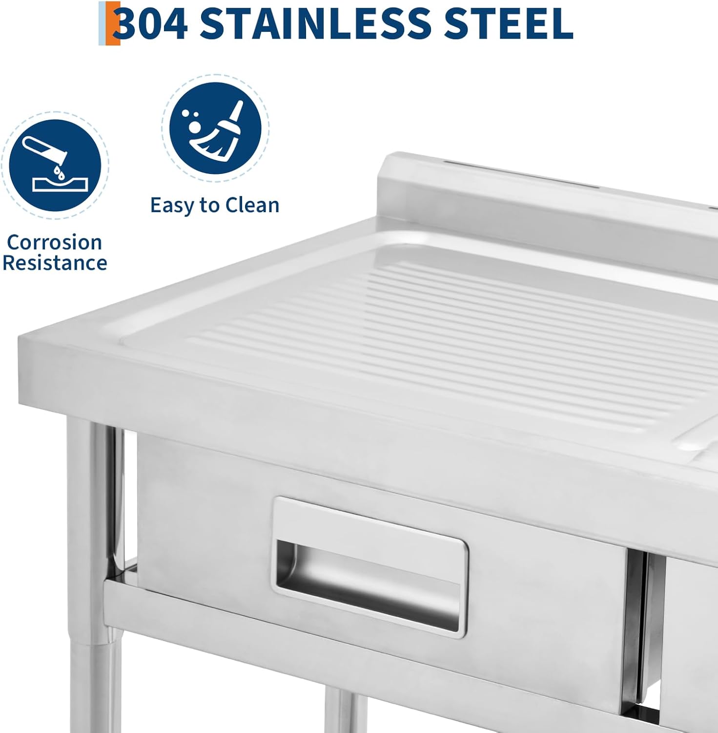 Stainless Steel Utility Sink, Commercial Kitchen Sink, Freestanding Single Bowl Laundry Sink with Workbench, Drawer, Hot Cold Pull-Out Faucet, for Kitchen Garage Outoor, 23.6"D x 39.4"W x 31.5"H