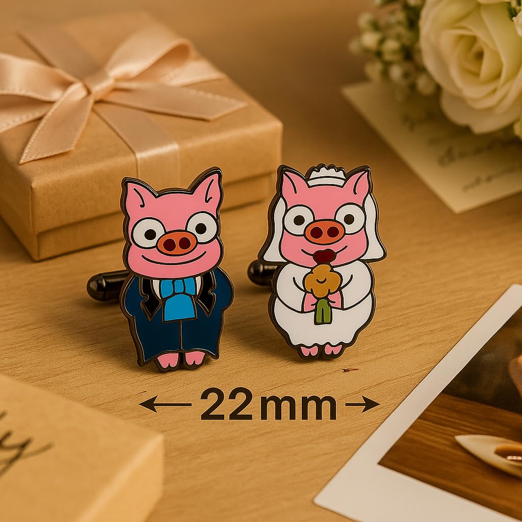 Gemelos de Cerditos Novio y Novia para Camisa Formal | Diseño divertido de pareja de cerdos para bodas, eventos formales, celebraciones, trajes y camisas elegantes
