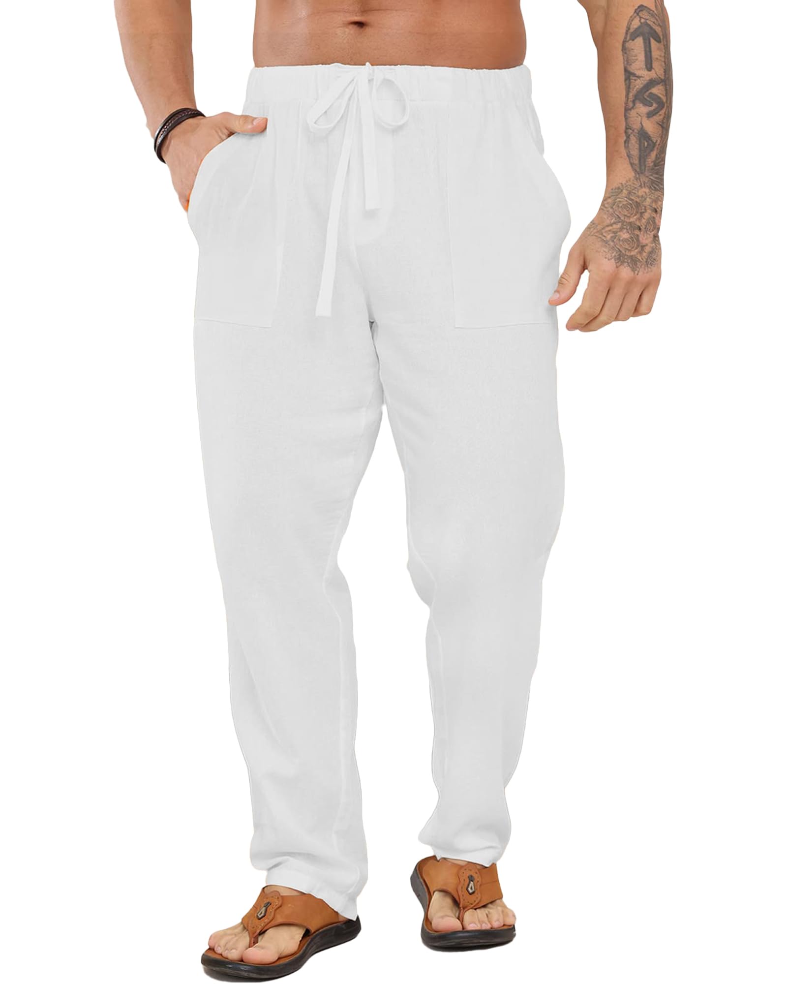 LVCBL Herren Leinenhose Lange Herren Stoffhose mit Taschen Luftig Sonnenschutz Strandhose M-3XL