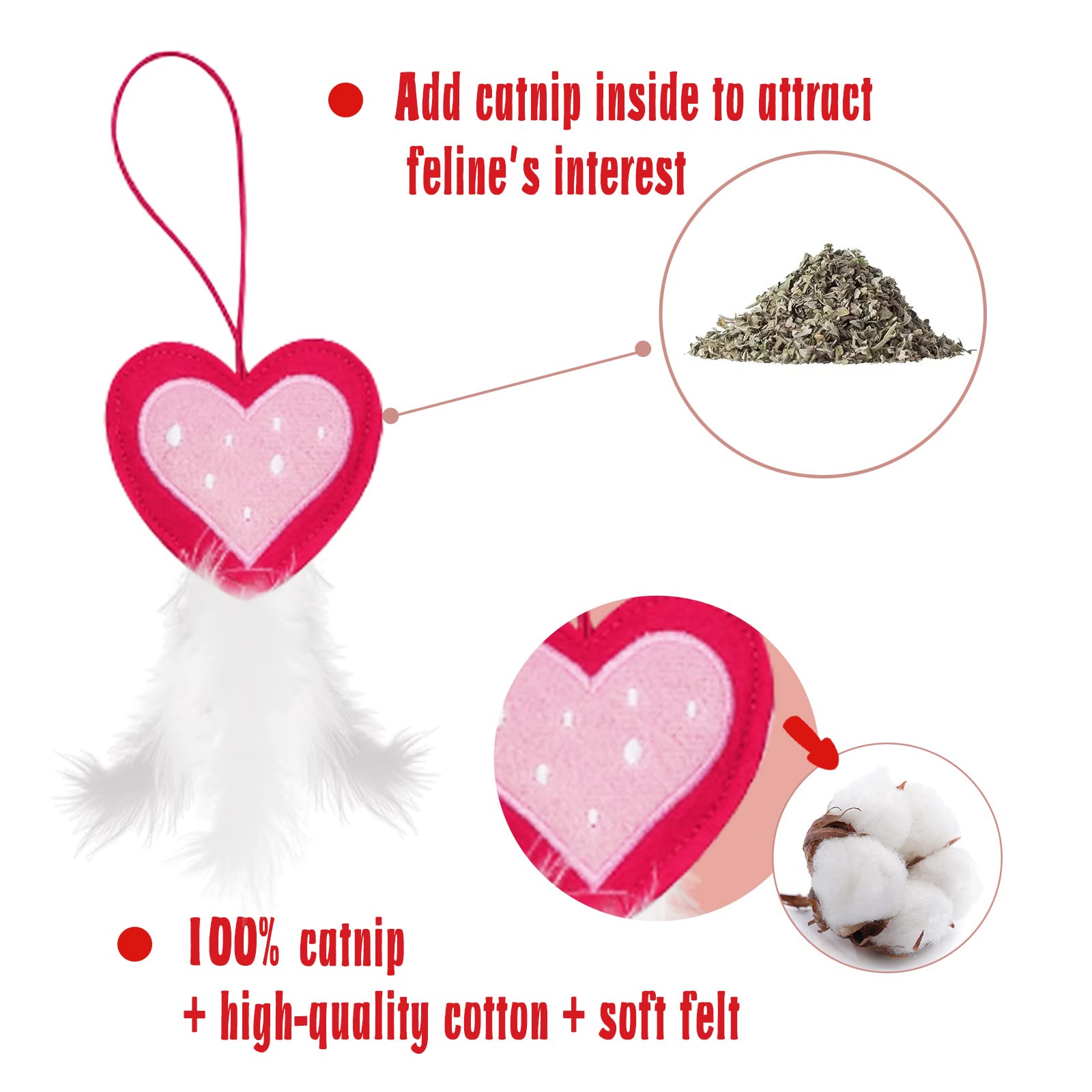 Valentinstag-Katzenspielzeug, 5 Stück, Katzenfeder-Spielzeug, zum Aufhängen an der Tür, Katzenminze, gefüllt, für Katzen, Kätzchen, Jagdspielzeug mit Glocken für Indoor-Katzen