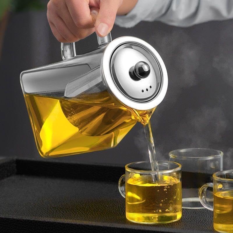 Image of Borosilicate Glass stovetop Kettle with Stainless Steel Infuser teapot to Infuse Tea Coffee Black Tea harbal kadha Tea Pot for Making Green Tea (Square Teapot 750 ML)