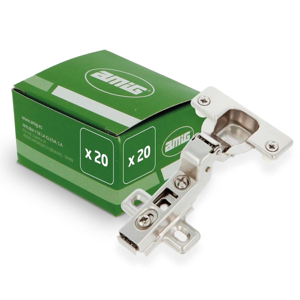 Amig - Pack de 20 Bisagras de Cazoleta Superacodada - Ø35 mm - Acero Niquelado - Pestillo de Apertura Rápida - Instalación Oculta para Muebles - Tacos y Tirafondos Premontados