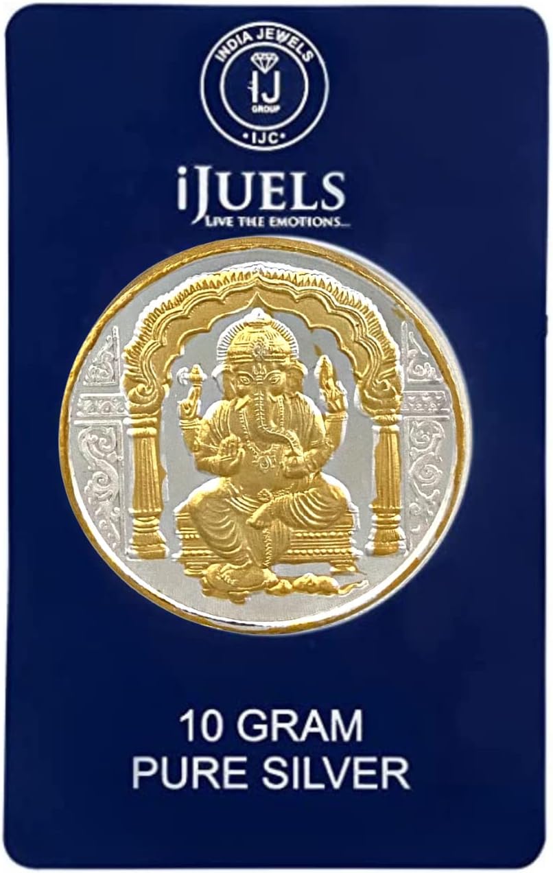 iJuels 999 fine Silver 10 Grams Ganeshji Silver coin with 22Kt Gold (Temperproof Pack)