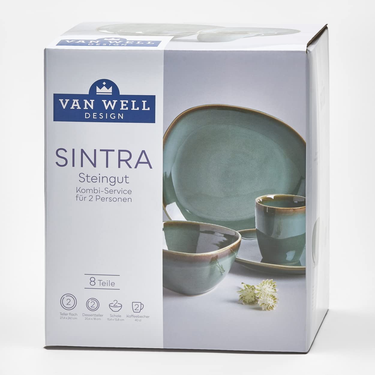 VAN WELL |"Sintra" Geschirrset für 2 Personen 8-teiliges Set aus Steingut, grün mit einem braunen Rand, spülmaschinen- und mikrowellengeeignet